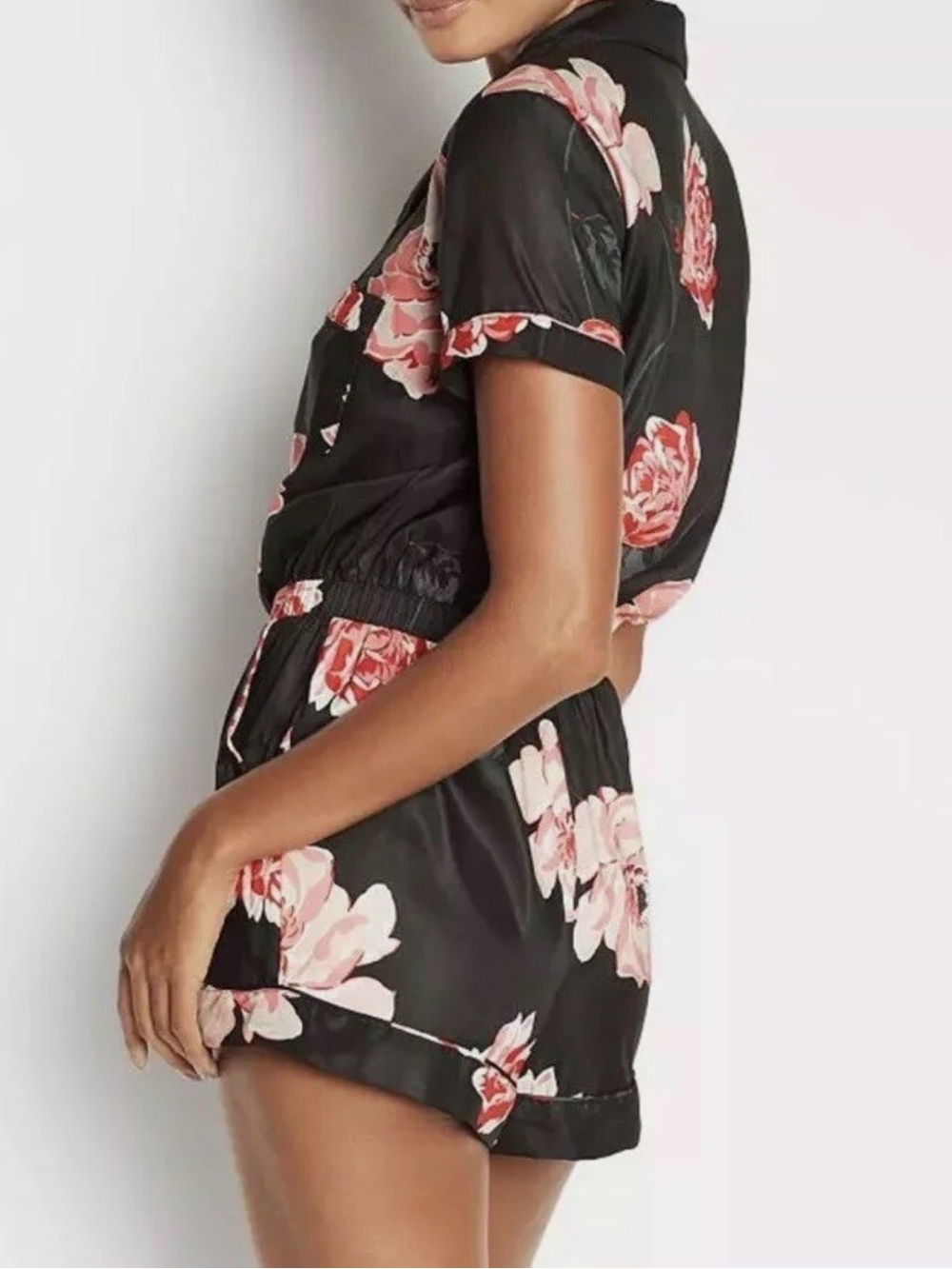 VICTORIA'S SECRET Intimates Black Satin Pink Floral Romper Tie Elastic Waist XS - Picture 2 of 13